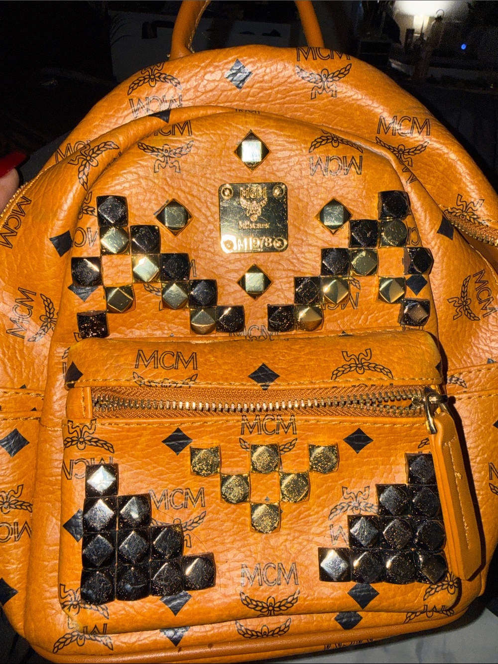 MCM Orange Studded Visetos Mini Backpack